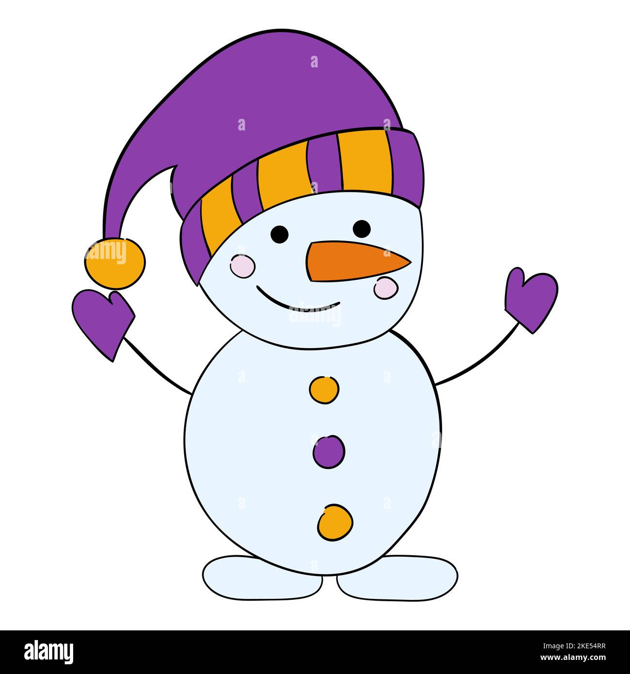 Cute cartoon snowman in a purple hat with a scarf. Vector illustration ...