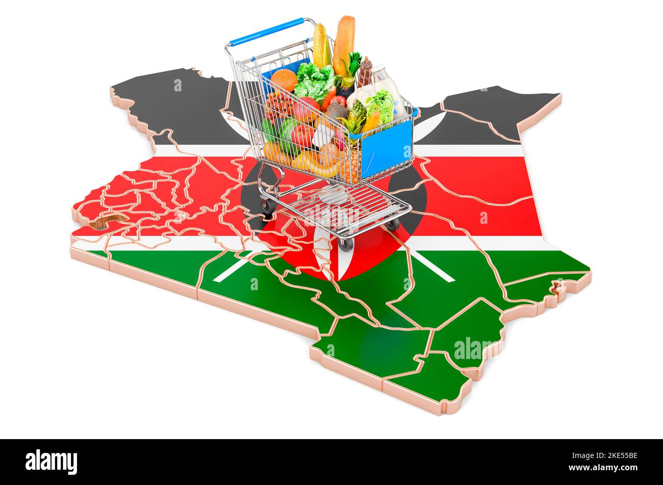 Purchasing power in Kenya concept. Shopping cart with Kenyan map, 3D rendering isolated on white background Stock Photo