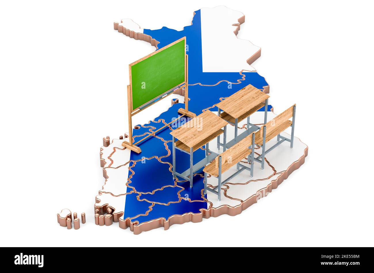 Education in Finland, concept. School desks and blackboard on Finnish map. 3D rendering isolated on white background Stock Photo