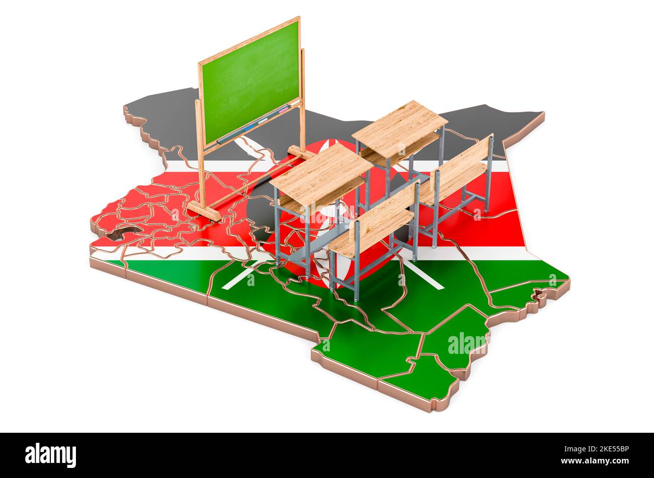 Education in Kenya, concept. School desks and blackboard on Kenyan map