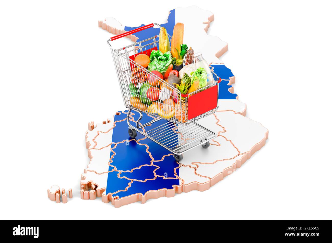 Purchasing power in Finland concept. Shopping cart with Finnish map, 3D rendering isolated on white background Stock Photo