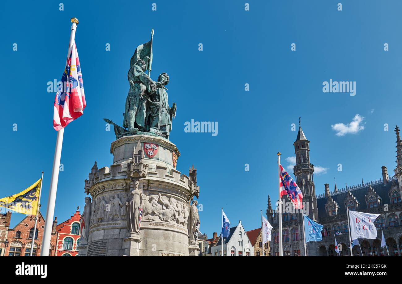 Bruges, Belgium, the monument to the Leaders of the Flamish Resistence in Market square Stock Photo