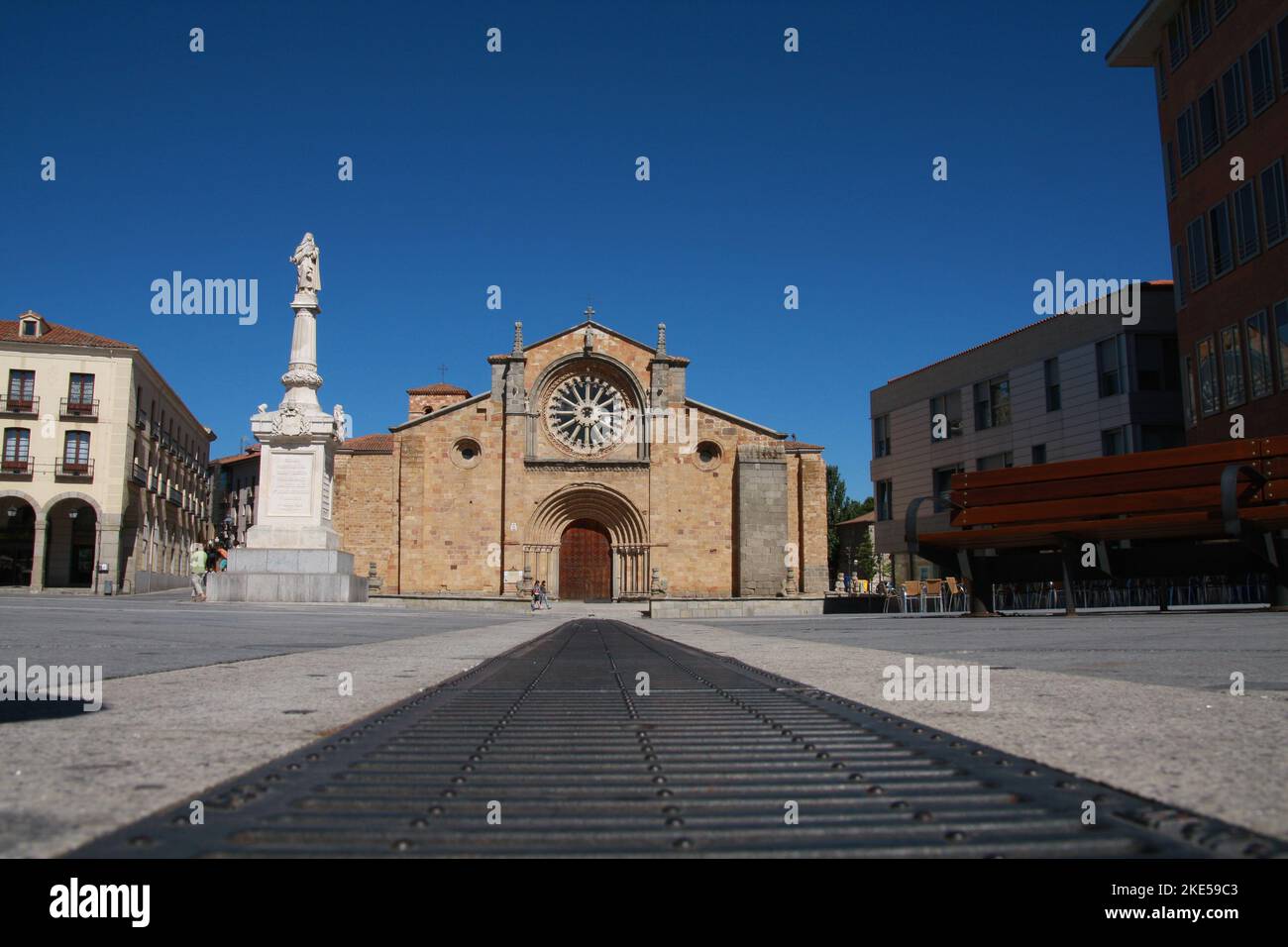 A low angle of the church parish of St. Peter the Apostle with Romanesque architecture in Avila, Spain Stock Photo