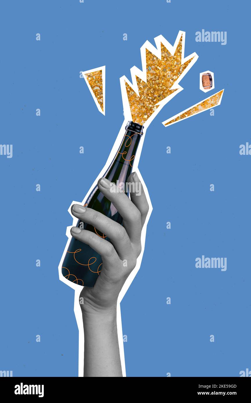 Photo artwork minimal picture of arm rising champagne bottle celebrating x-mas isolated drawing background Stock Photo