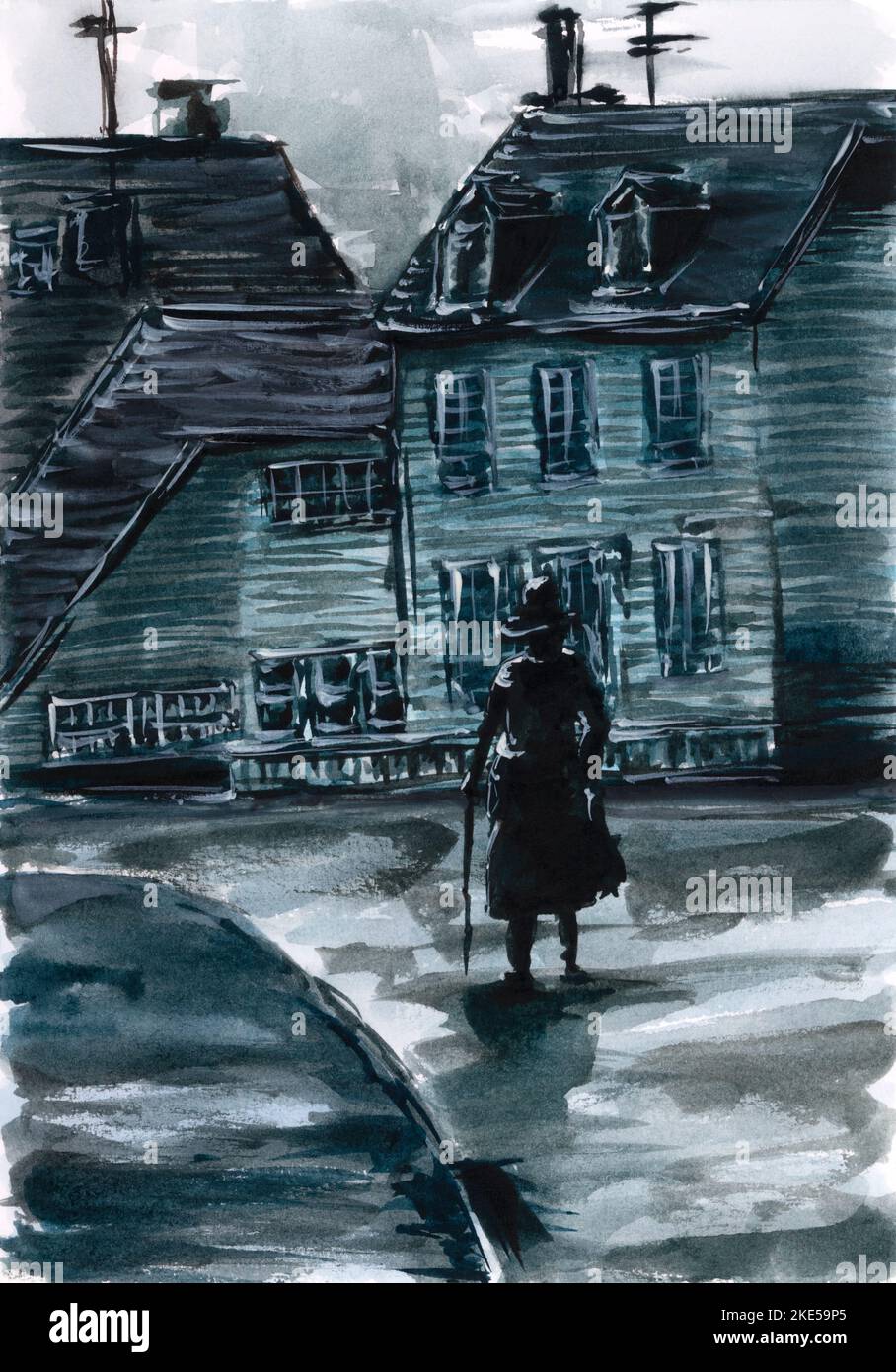 Person on street at moody weather. Watercolor on paper. Stock Photo