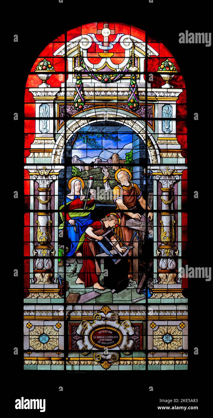 A stained glass window at the eglise at moncontour, brittany, france Stock Photo