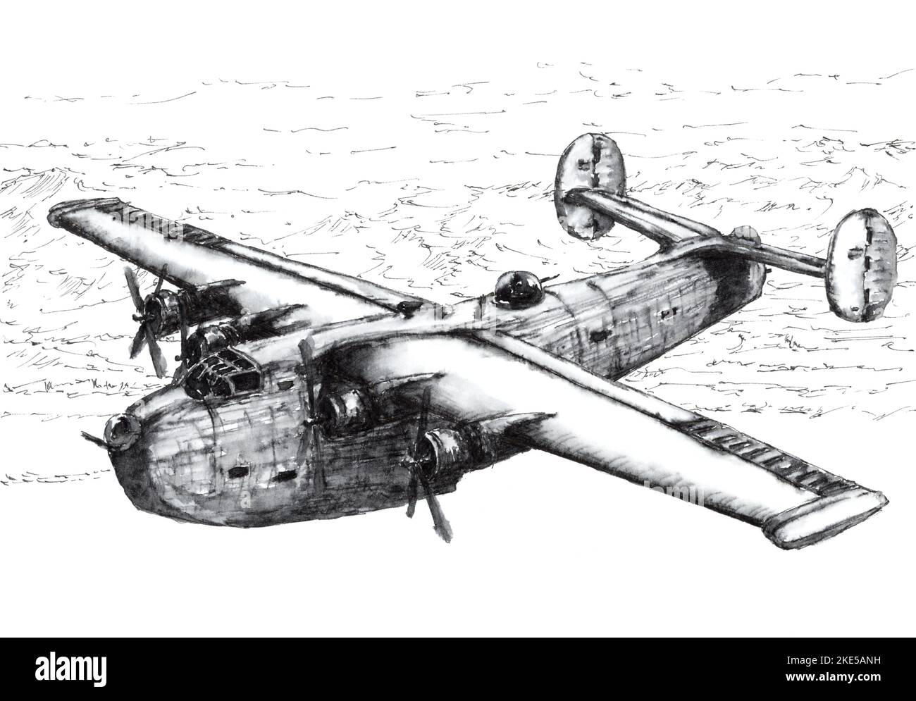 Four-engined flying boat in fly. Ink on paper. Stock Photo