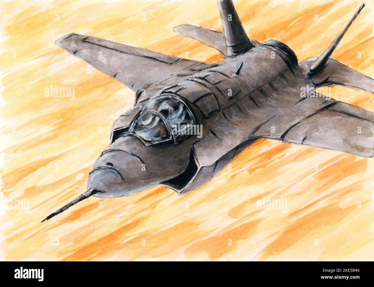 Modern jet fighter in action. Watercolor on paper. Stock Photo