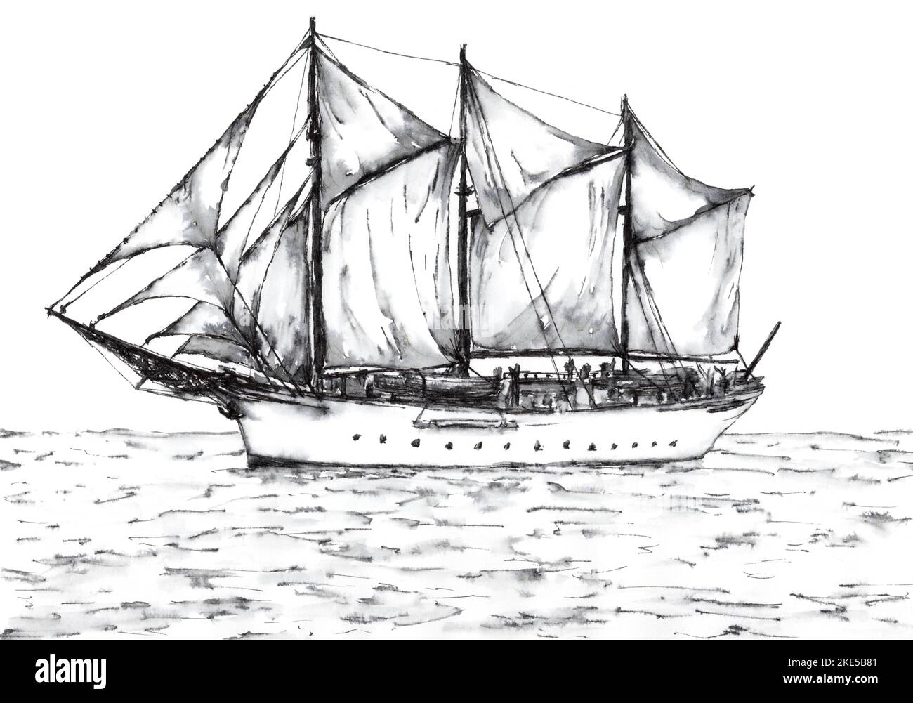 Gaff-rigged schooner. Ink on paper. Stock Photo
