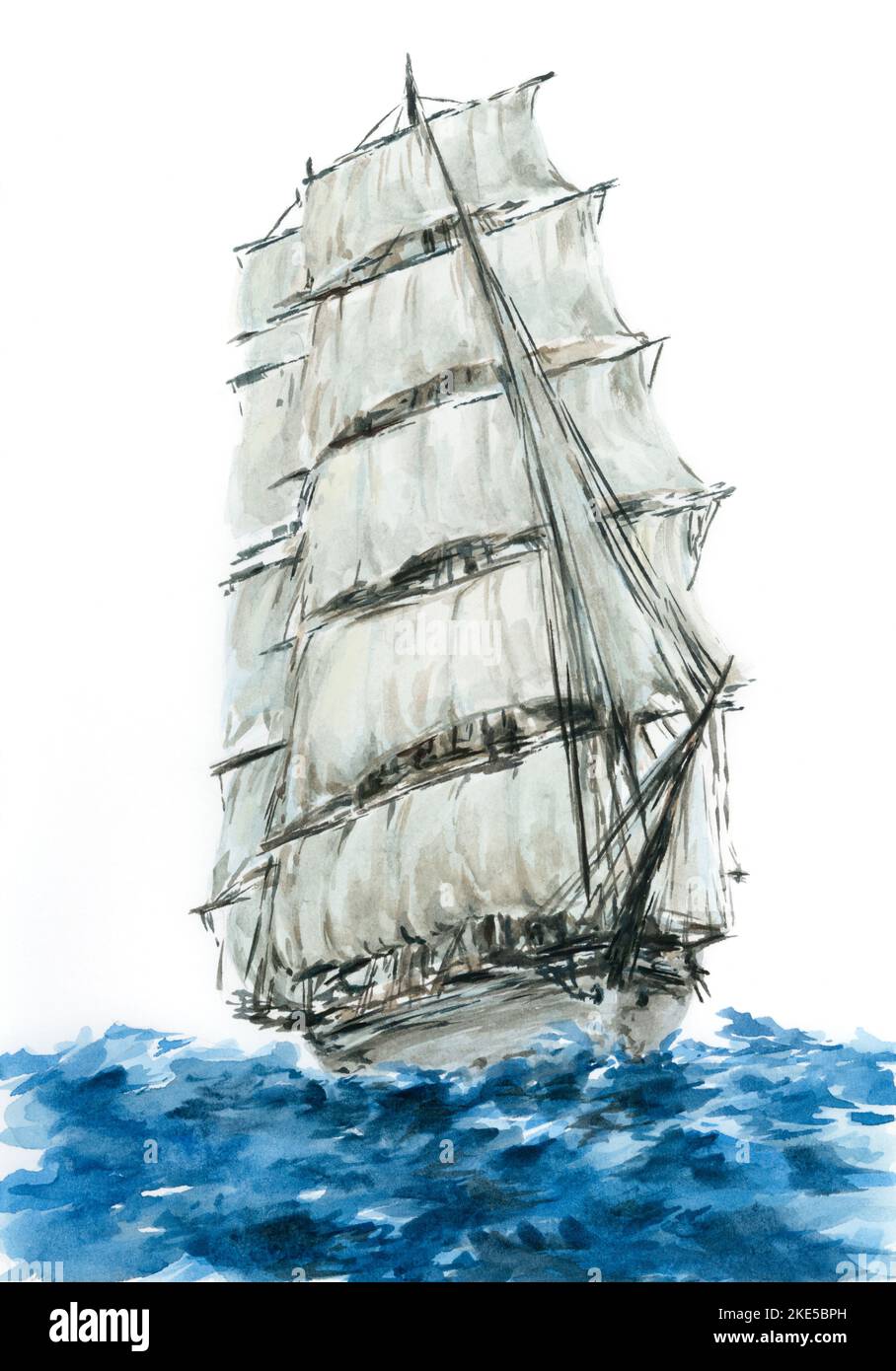 Sea-going ship-rigged frigate. Watercolor on paper. Stock Photo