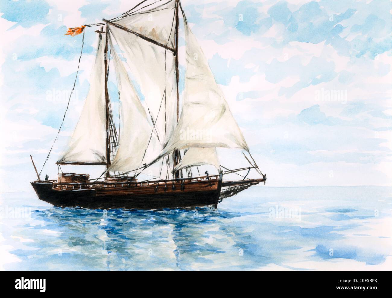 Two-masted sailboat (wishbone ketch). Watercolor on paper. Stock Photo