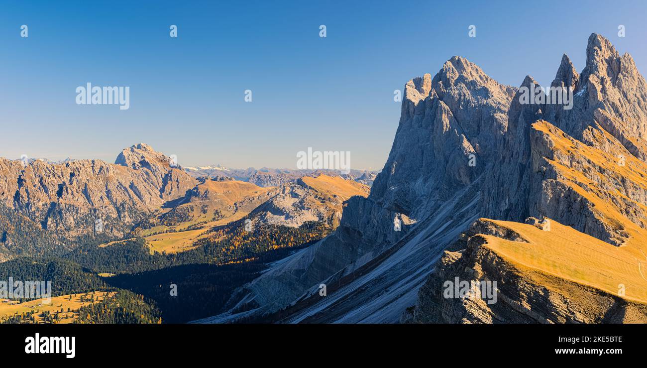 The view from the Seceda during the fall is truly phenomenal and impressive at the same time, especially in a wide 2:1 panorama view. The Seceda is a Stock Photo