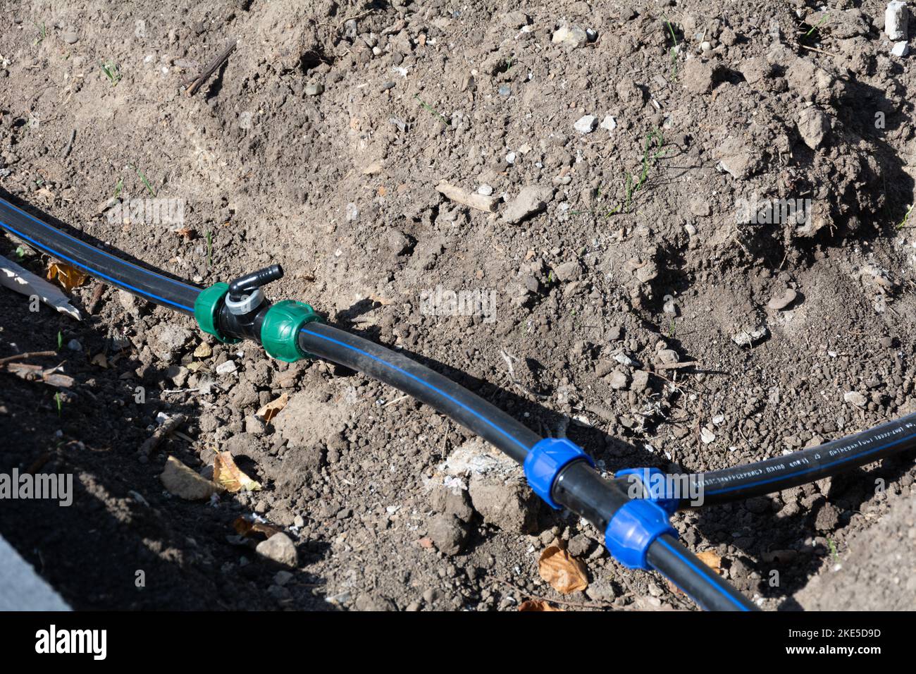 Drip irrigation ball valve. New drip irrigation system in a park before
