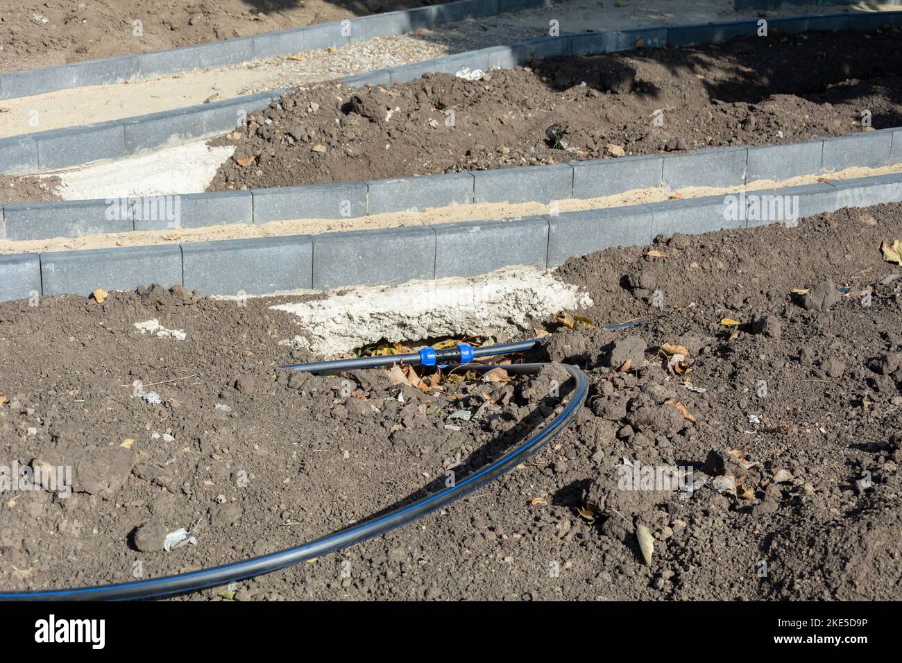 Drip irrigation ball valve. New drip irrigation system in a park before