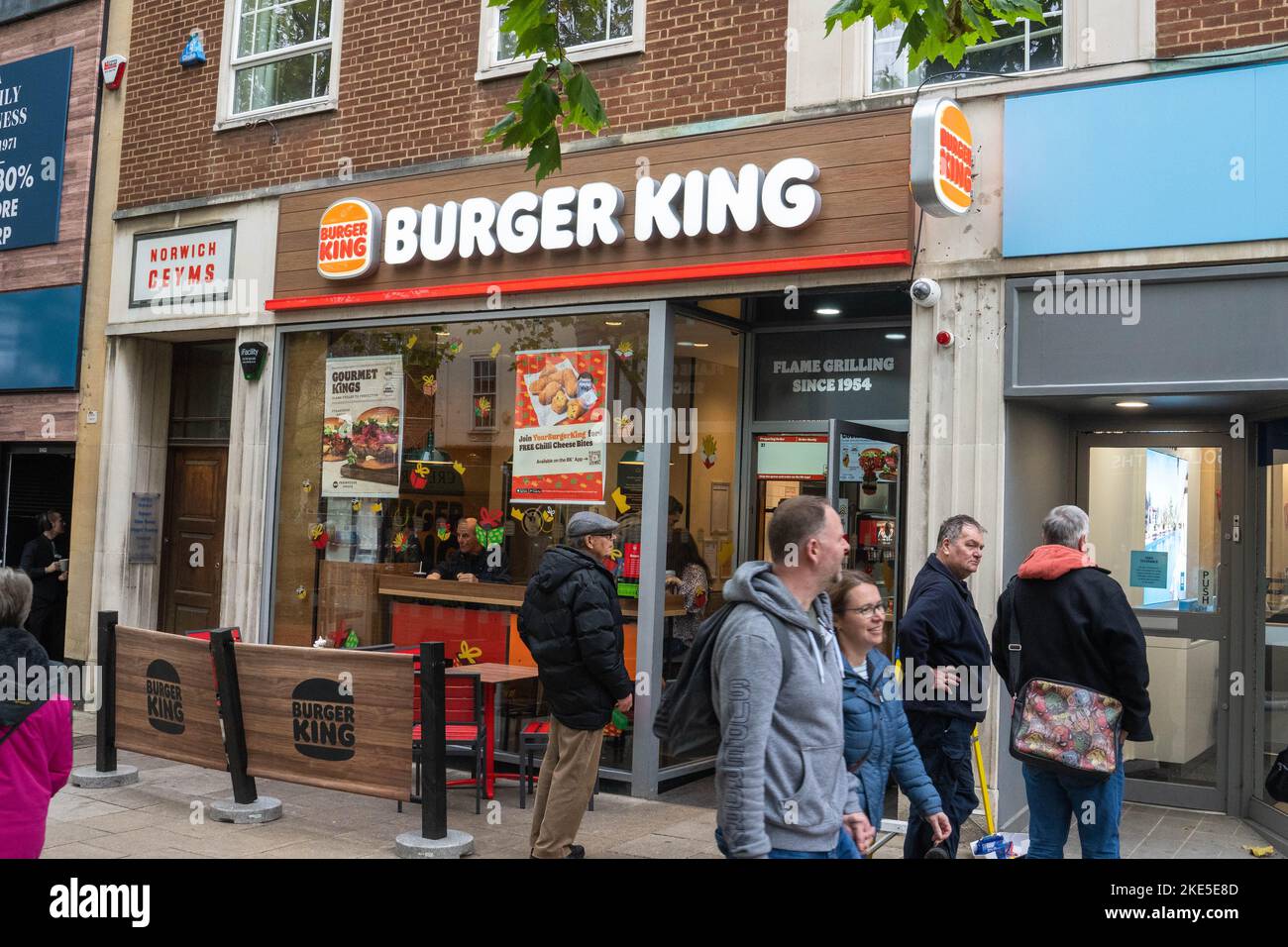 New Burger King restaurant in Brigg Street Norwich city centre with customers going in and out