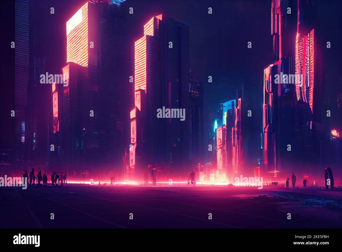 Cyberpunk city, abstract illustration, futuristic city, dystoptic artwork  at night, 4k wallpaper, Stock Illustration