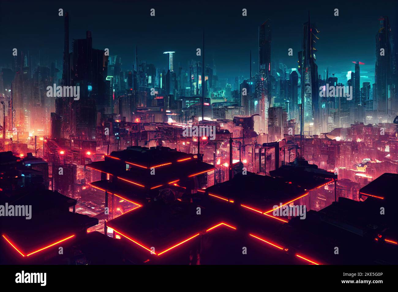 Cyberpunk Futuristic City panorama .Future Fiction with neon signs and lights. Cyberpunk city with futuristic buildings. Digital illustrations. Stock Photo