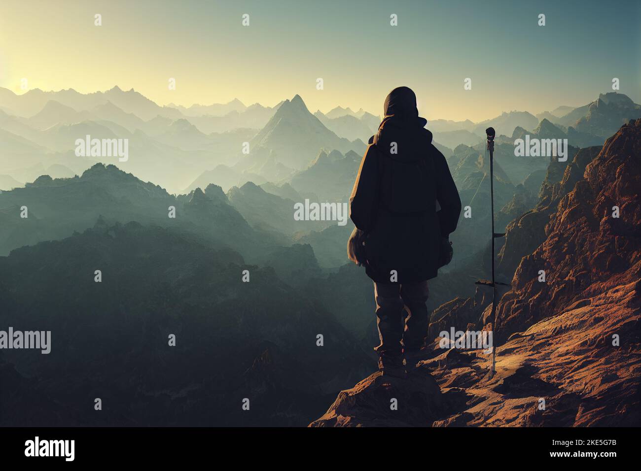 Man standing on mountain peak painting hi-res stock photography and ...