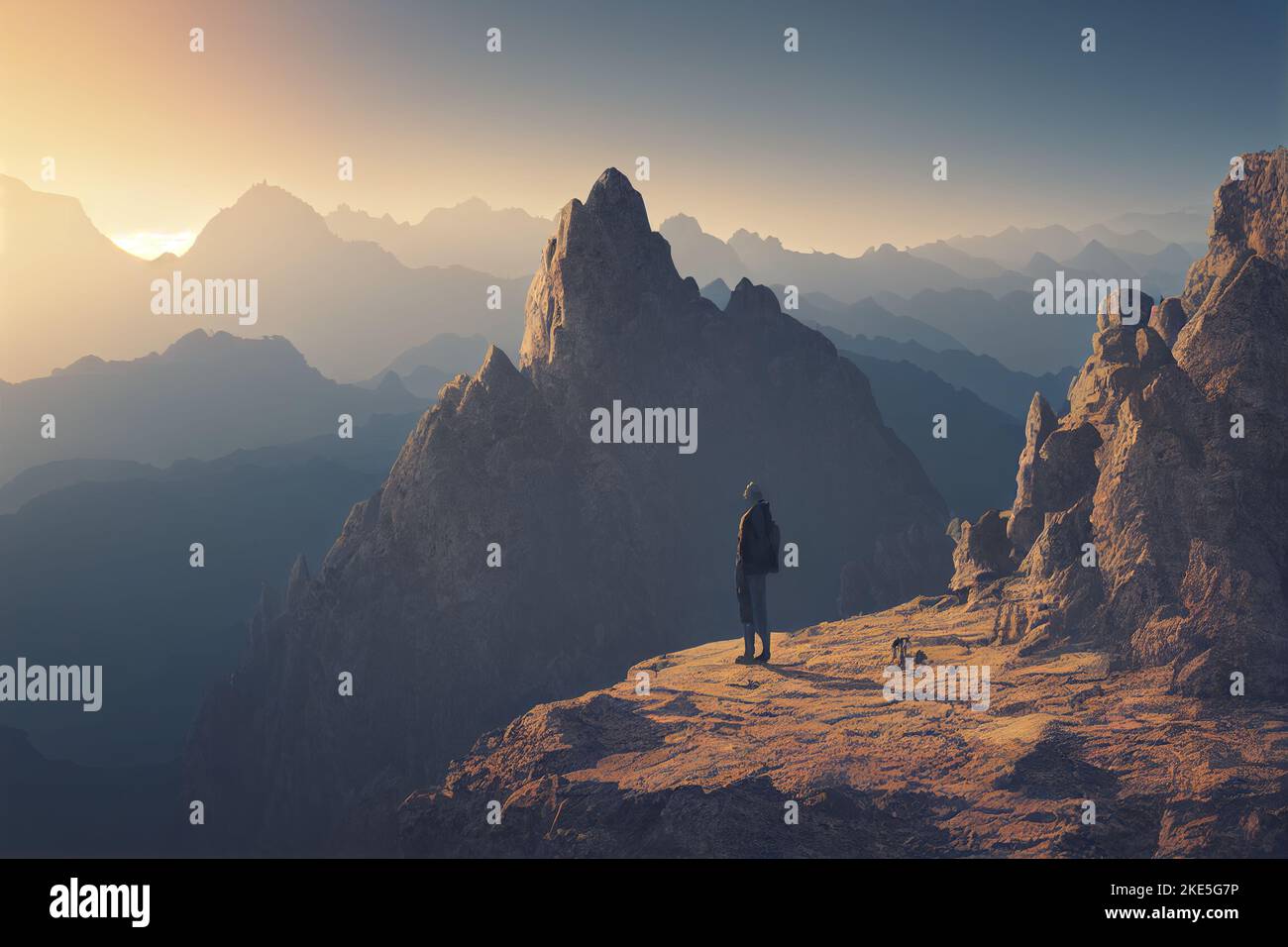 Man standing on mountain peak painting hi-res stock photography and ...