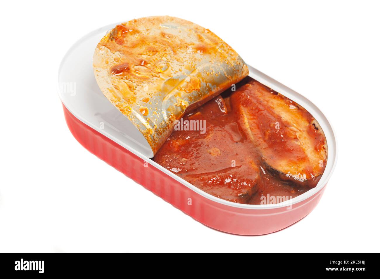 Salmon in tomato sauce in Tin Can Isolated on White Background, top