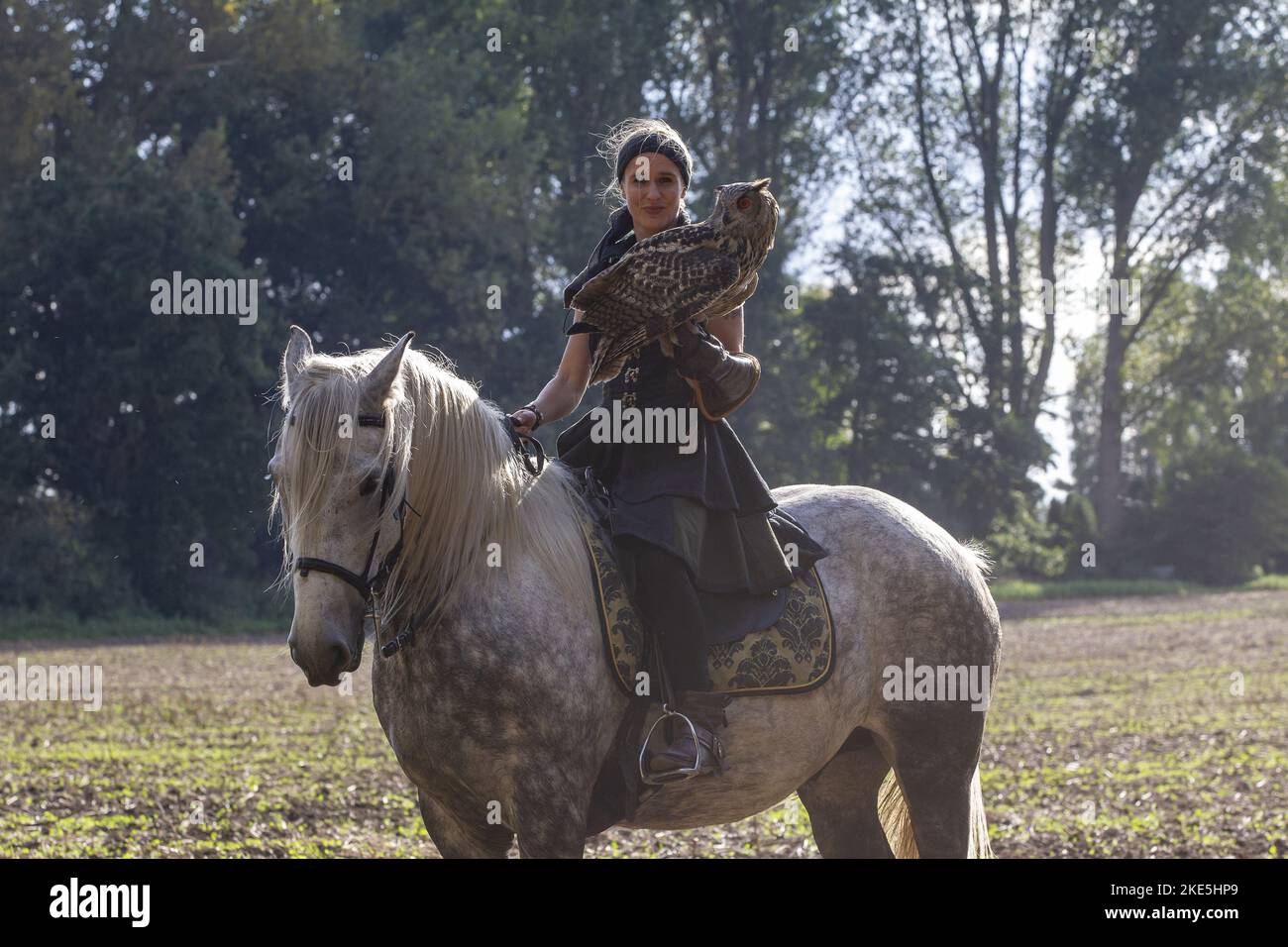 woman with horse and Eurasian eagle owl Stock Photo