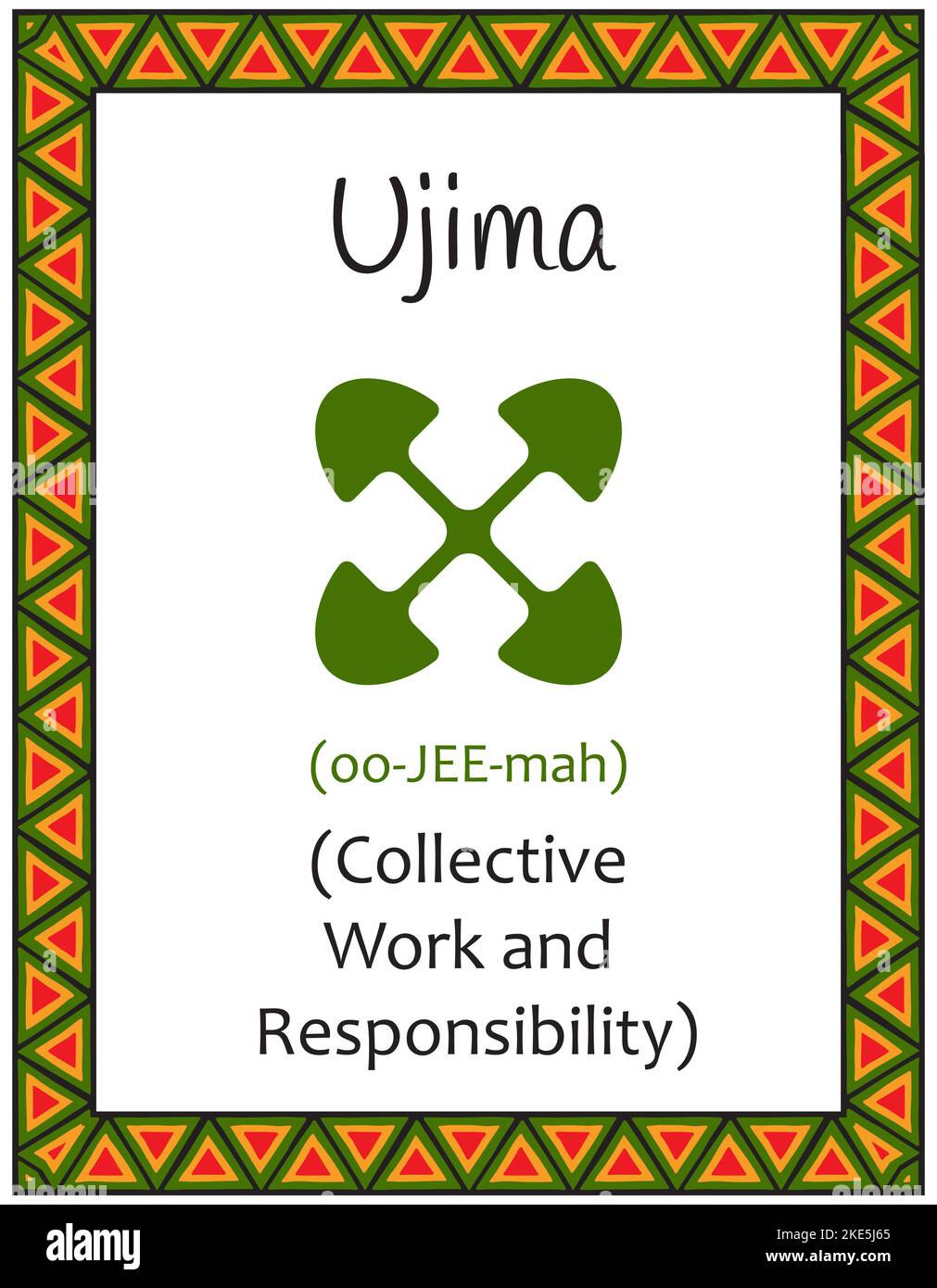 A card with one of the Kwanzaa principles. Symbol Ujiima means Collective work and responsibility in Swahili. Poster with an ethnic African pattern in Stock Vector