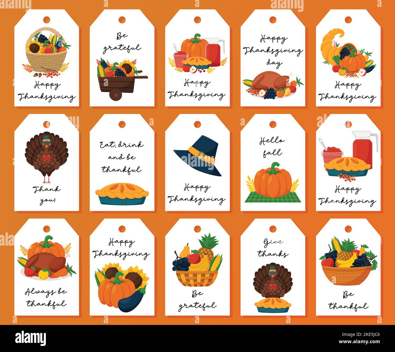Thanksgiving Gift Tag Set. Ready-to-print label postcards with illustrations and handwritten greetings. Flat vector illustrations on white background. Stock Vector