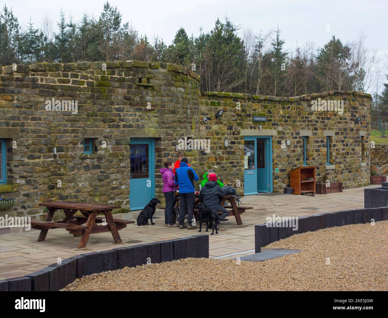 A group of walkers outside Lord Stones café in the Cleveland Hills popular with walkers, cyclists paraglider pilots and tourists Stock Photo