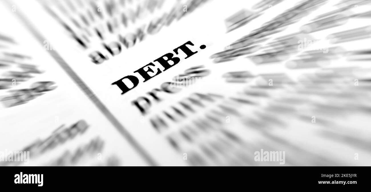 The word debt with definition from dictionary for finances and money Stock Photo