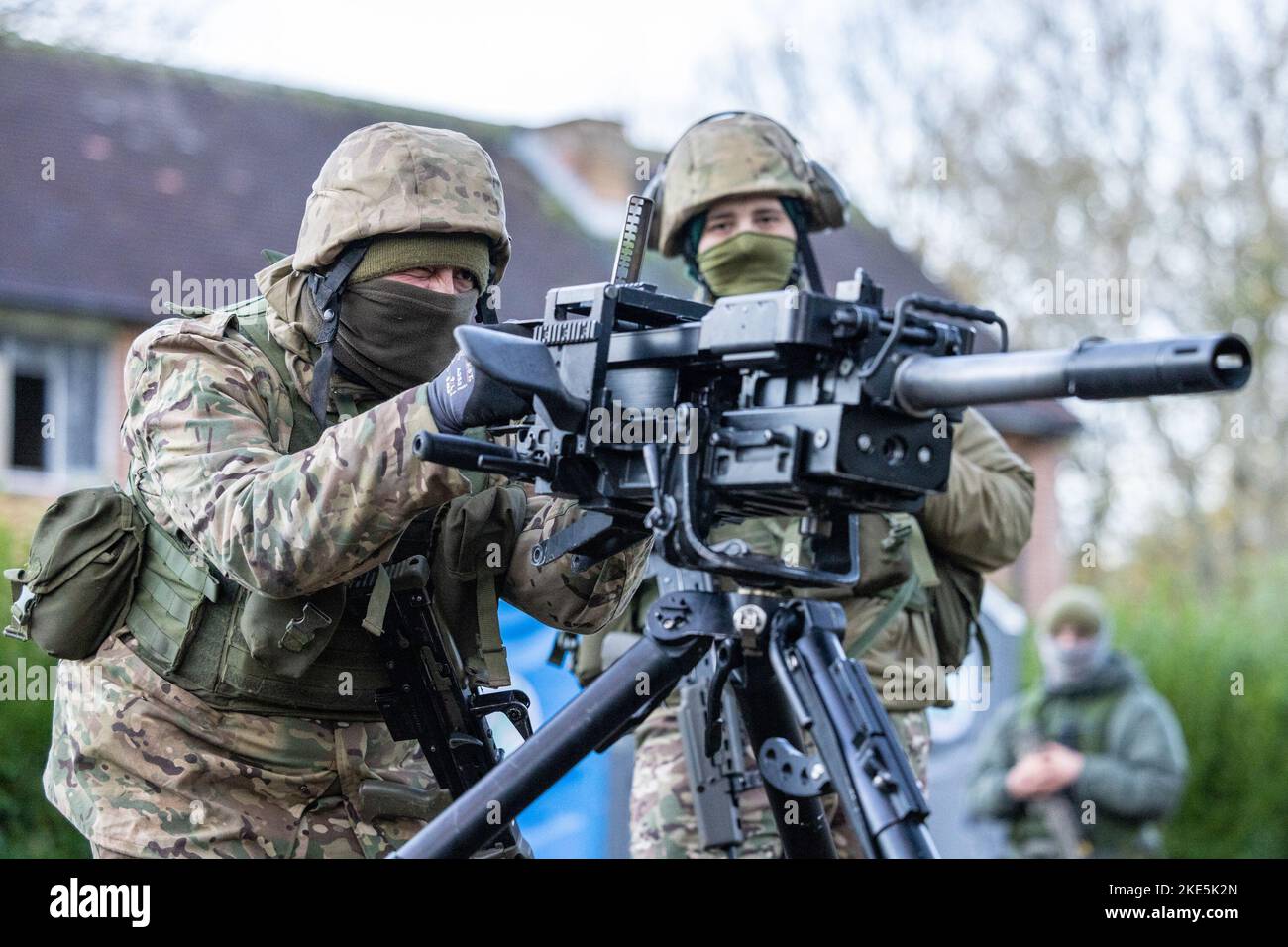 Ukrainian soldiers takes part in a military exercise during a visit by