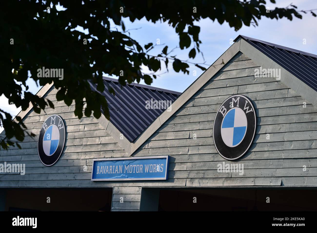 BMW, Bavarian Motor Works garage, Goodwood Revival, Goodwood Motor Circuit, Chichester, West Sussex, England, September 2022. Stock Photo