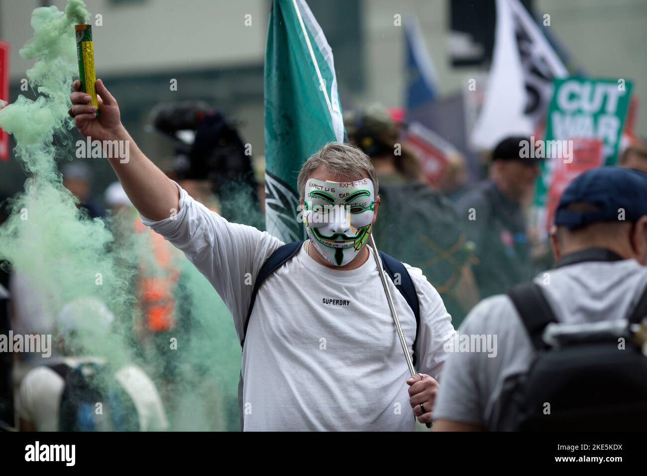 Participants gather and march during ‘We demand better’ demonstration called by the TUC amid the rising cost of living in London. Stock Photo