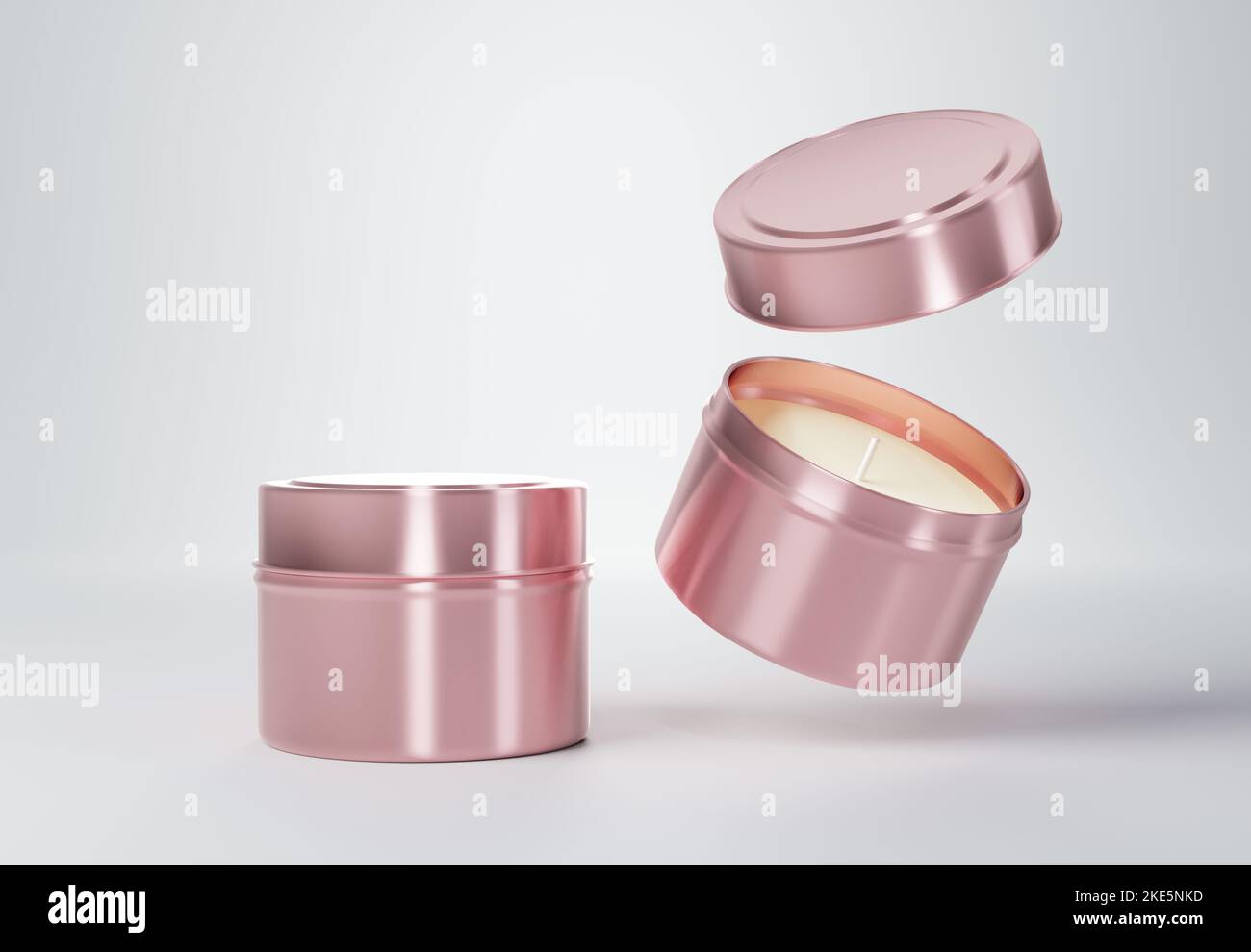 Container rose gold candle tin box mockup on gray background 3D render