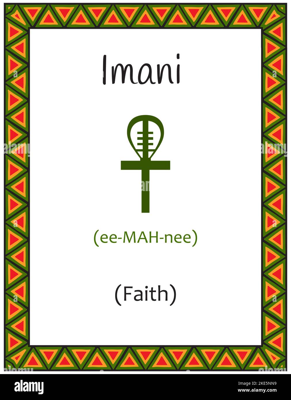 A card with one of the Kwanzaa principles. Symbol Imani means Faith in Swahili. Poster with an ethnic African pattern in traditional colors. Vector il Stock Vector