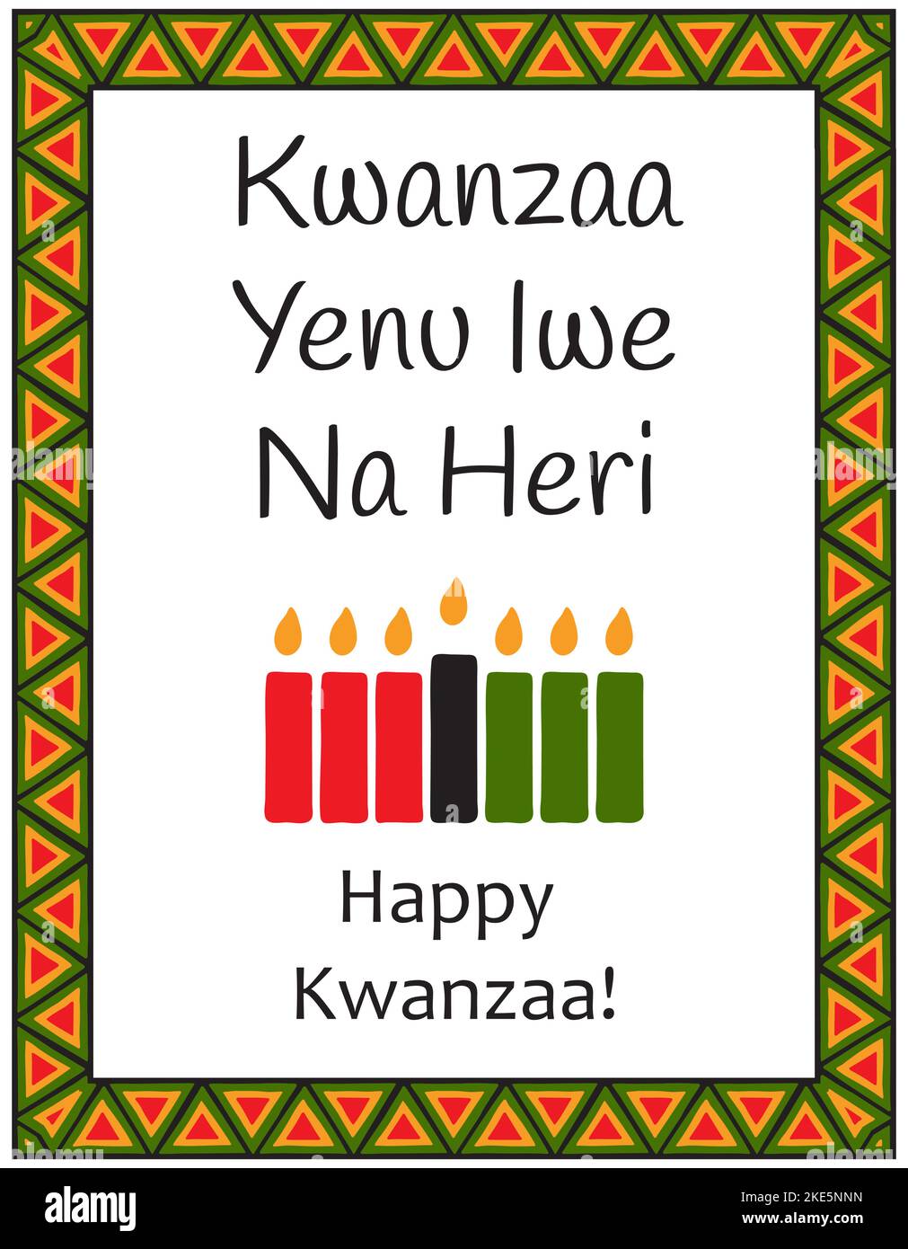 Card with traditional seven candles, symbols of Kwanzaa and Words - Kwanzaa Yenu Iwe Na Heri - Happy Kwanzaa in Swahili. Poster with ethnic African pa Stock Vector