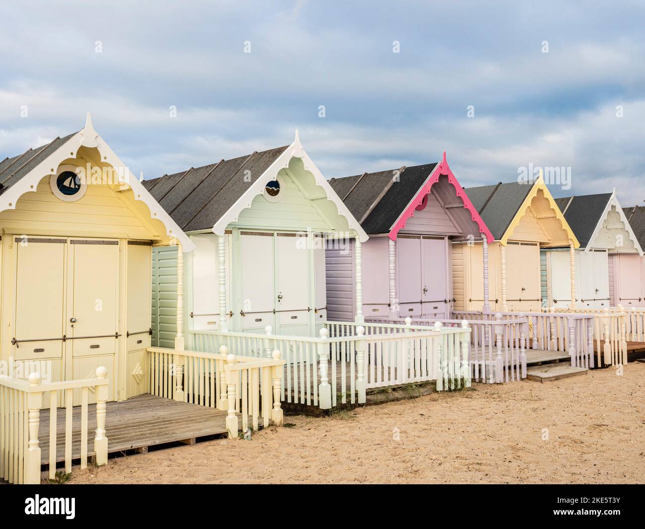 Colourful beach huts, West Mersea, Mersea Island, Essex, England Stock