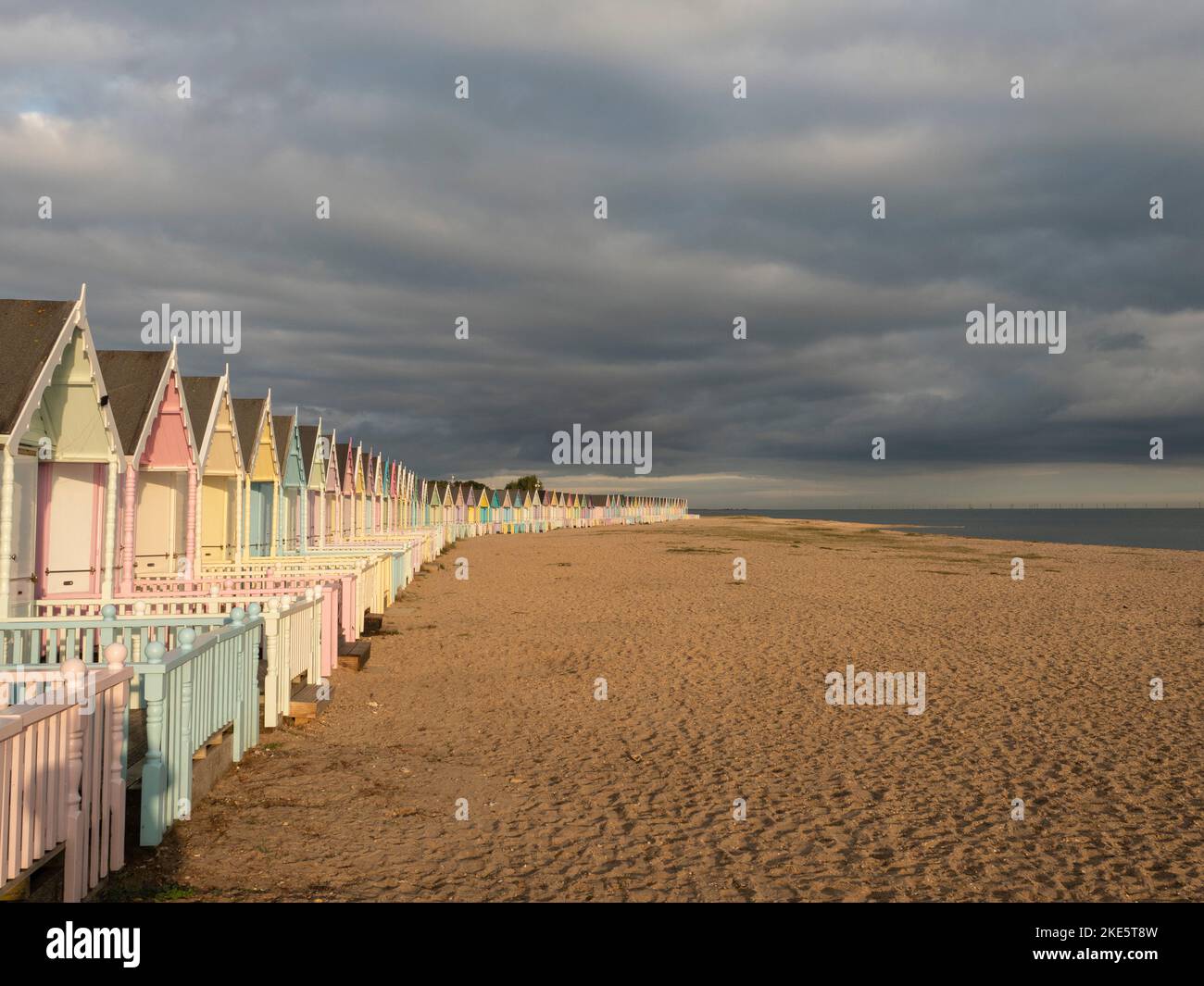 Colourful beach huts, West Mersea, Mersea Island, Essex, England Stock