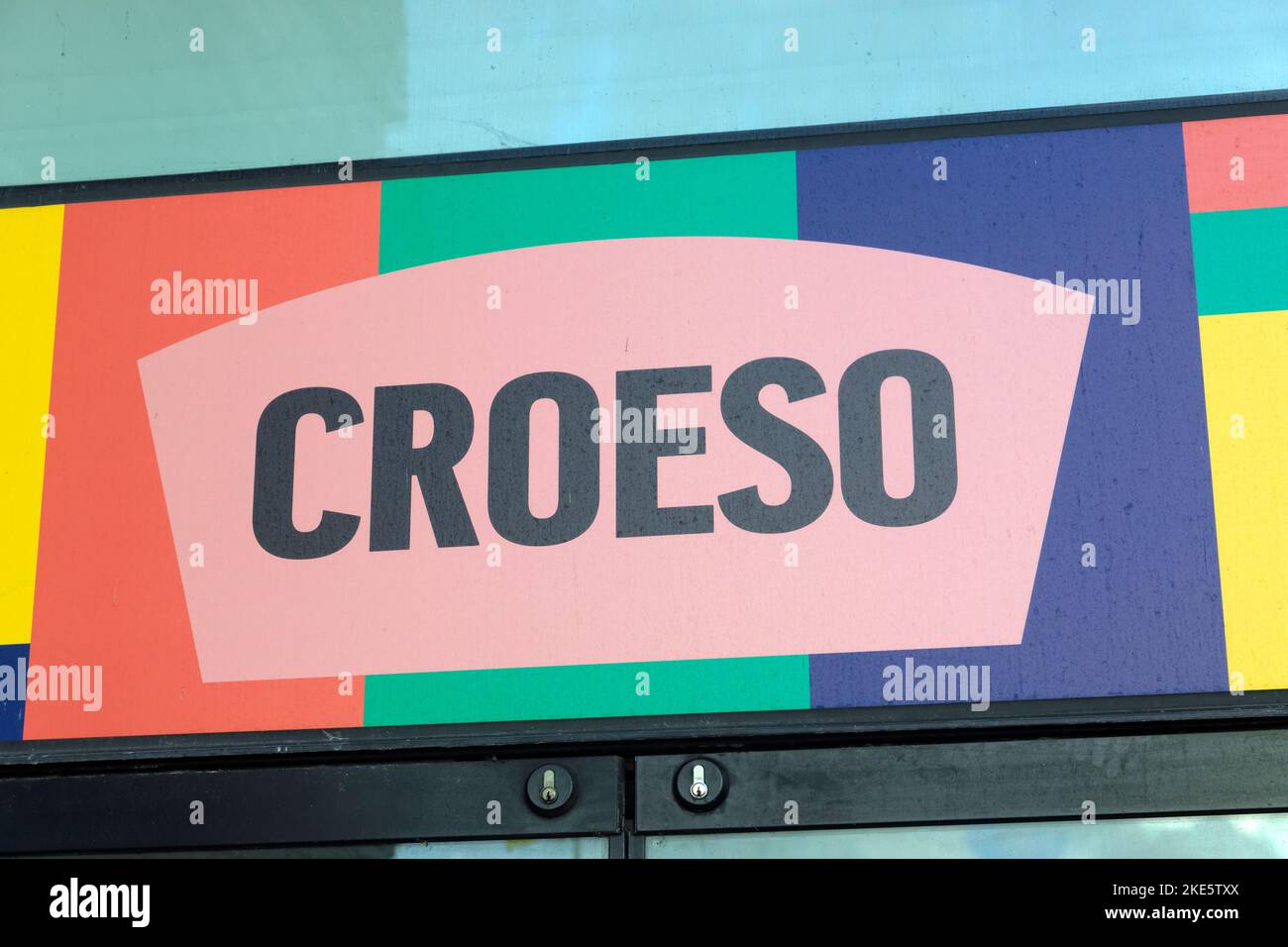Croeso Welsh for welcome, Wales Millenniun Centre, Cardiff Bay, Cardiff, Wales. Stock Photo
