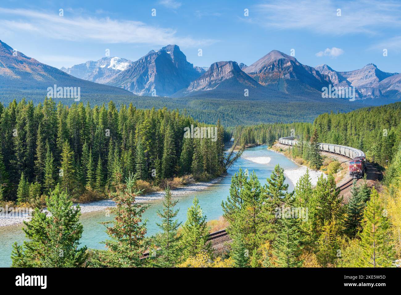 Morant's Curve, Banff, Canada Railway Train travelling through the Rockies Stock Photo