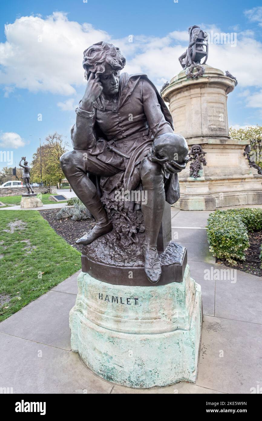 Close up of statue of William Shakespeare's character of Hamlet in Bancroft Gardens, Stratford upon Avon, Warwickshire, UK on 8 November 2022 Stock Photo