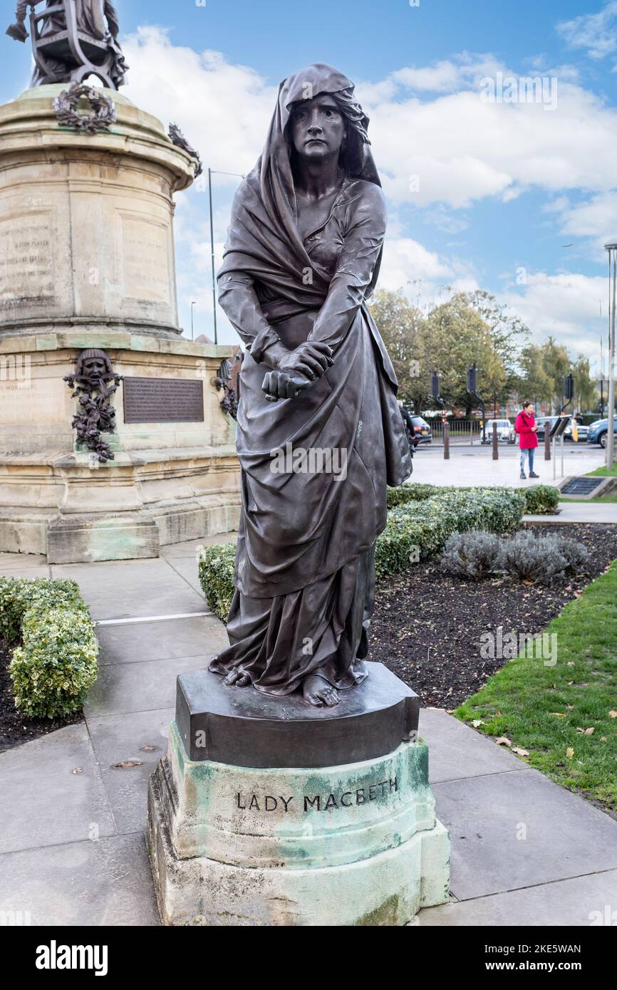 Close up of statue of William Shakespeare's character of Lady Macbeth in Bancroft Gardens, Stratford upon Avon, Warwickshire, UK on 8 November 2022 Stock Photo