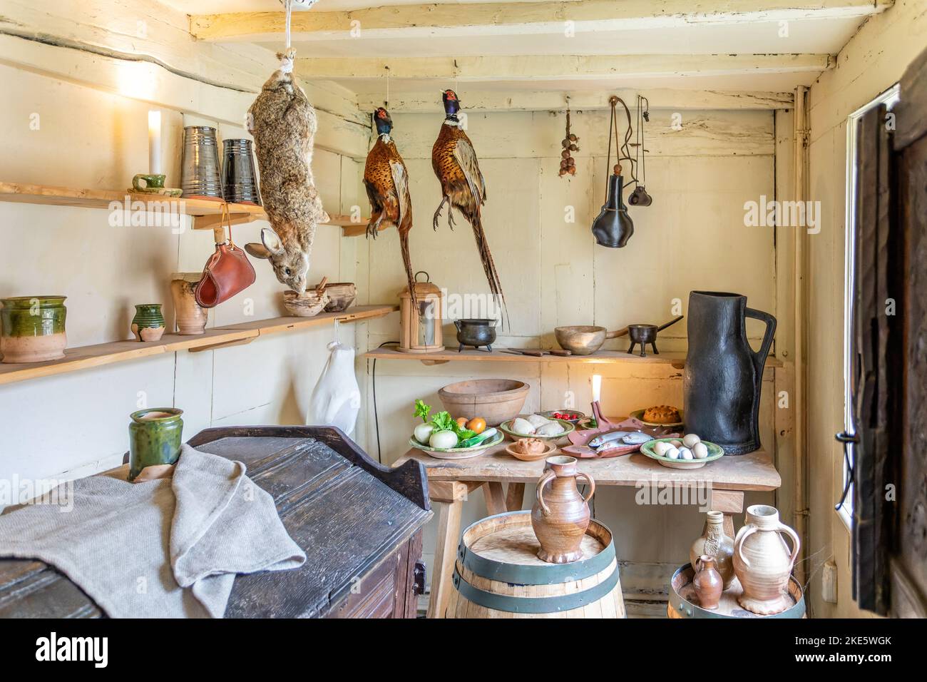 Pantry with game birds and hare hanging inside the birthplace of William Shakespeare in Henly Street, Stratford upon Avon, Warwickshire, UK on 8 Novem Stock Photo