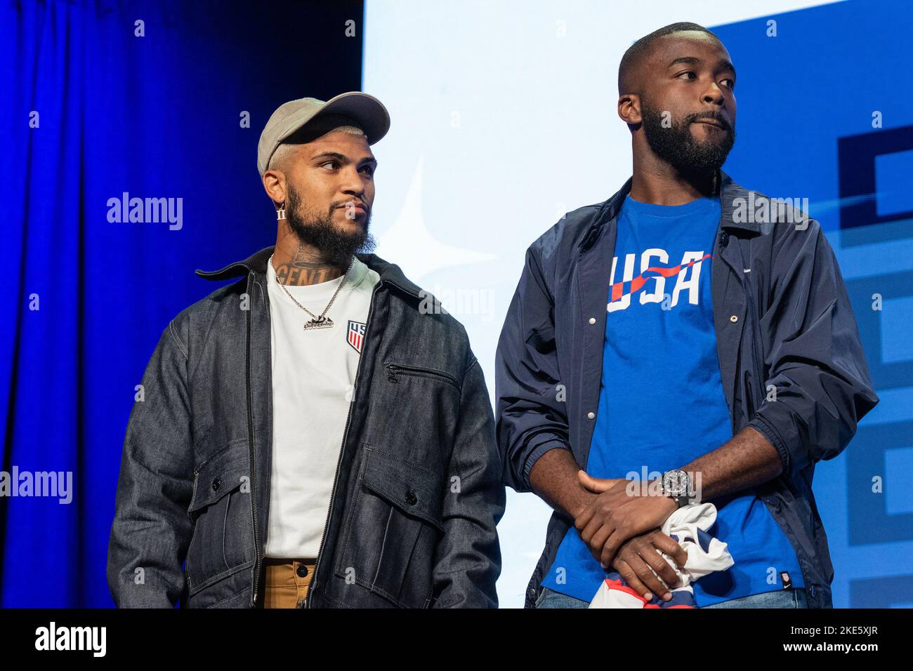 New York, New York, USA. 9th Nov, 2022. DeAndre Yedlin and Shaq Moore attend revealing 26 strong Men National Team to attend World Cup at Brooklyn Steel (Credit Image: © Lev Radin/Pacific Press via ZUMA Press Wire) Stock Photo
