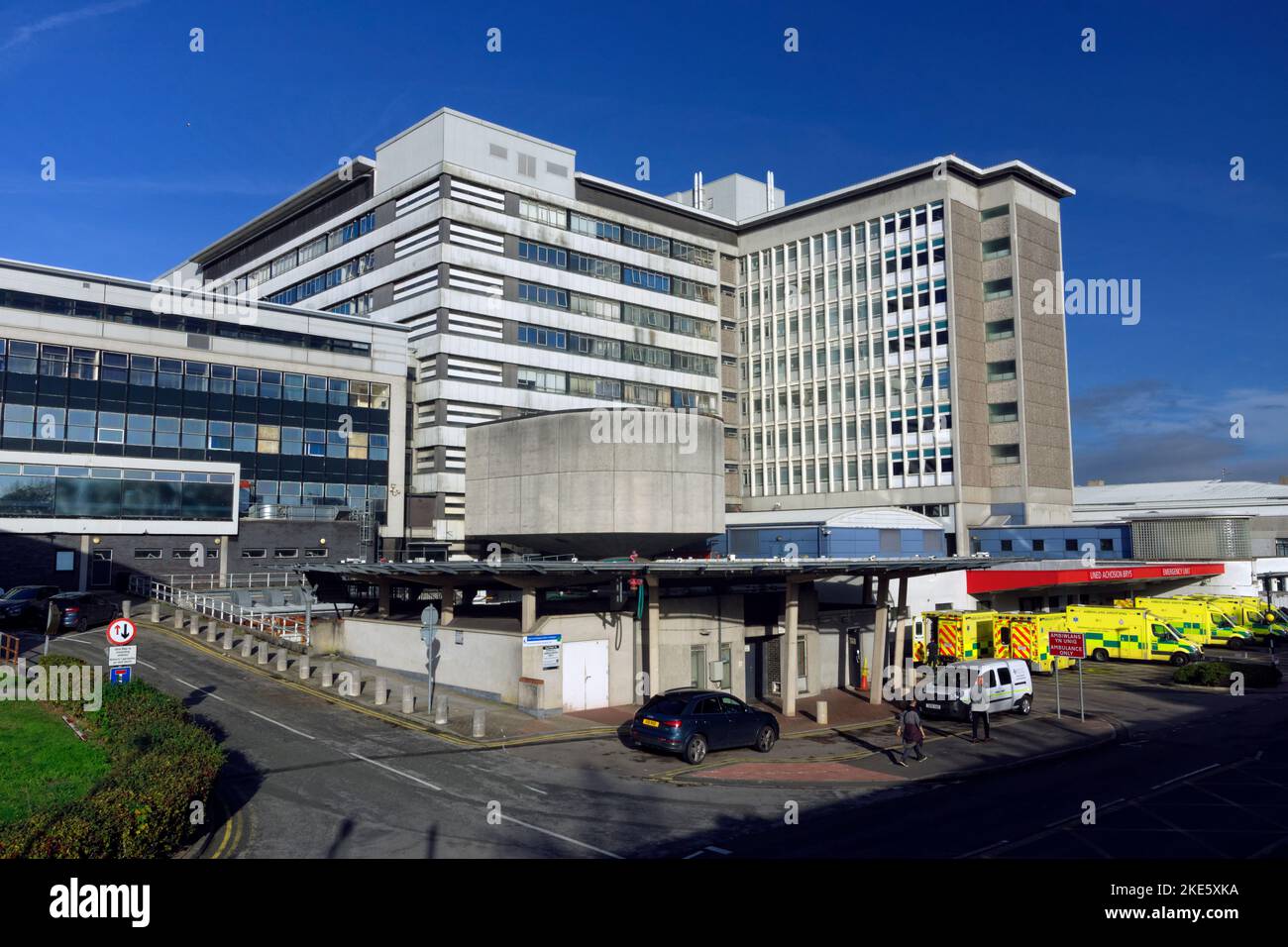 Ambulance bay, University Hospital of Wales, Heath Park, Cardiff, Wales, UK. Stock Photo