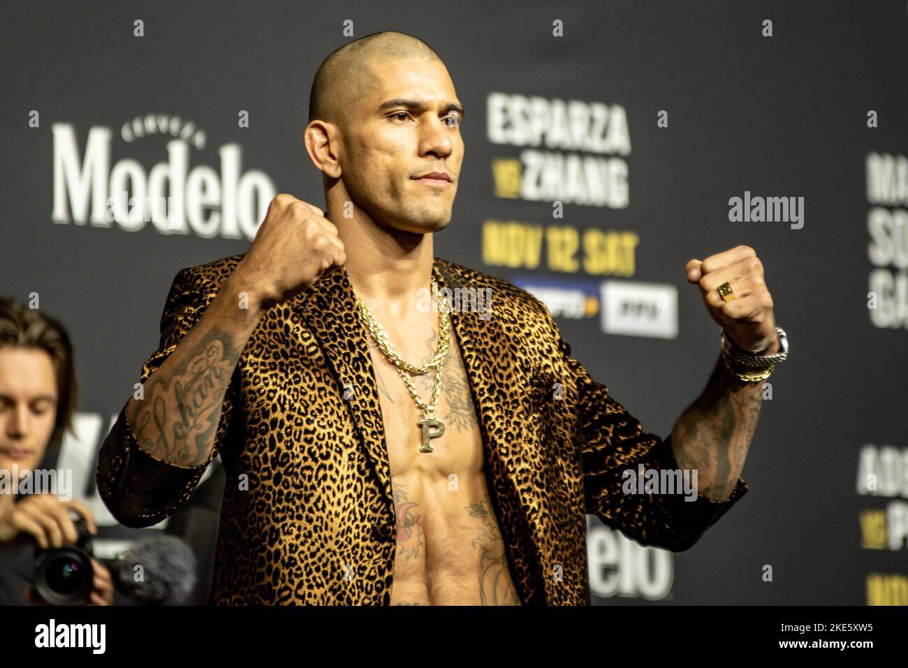 NEW YORK, NY NOVEMBER 9 Alex Pereira Poses on stage after the press conference Ahead of his