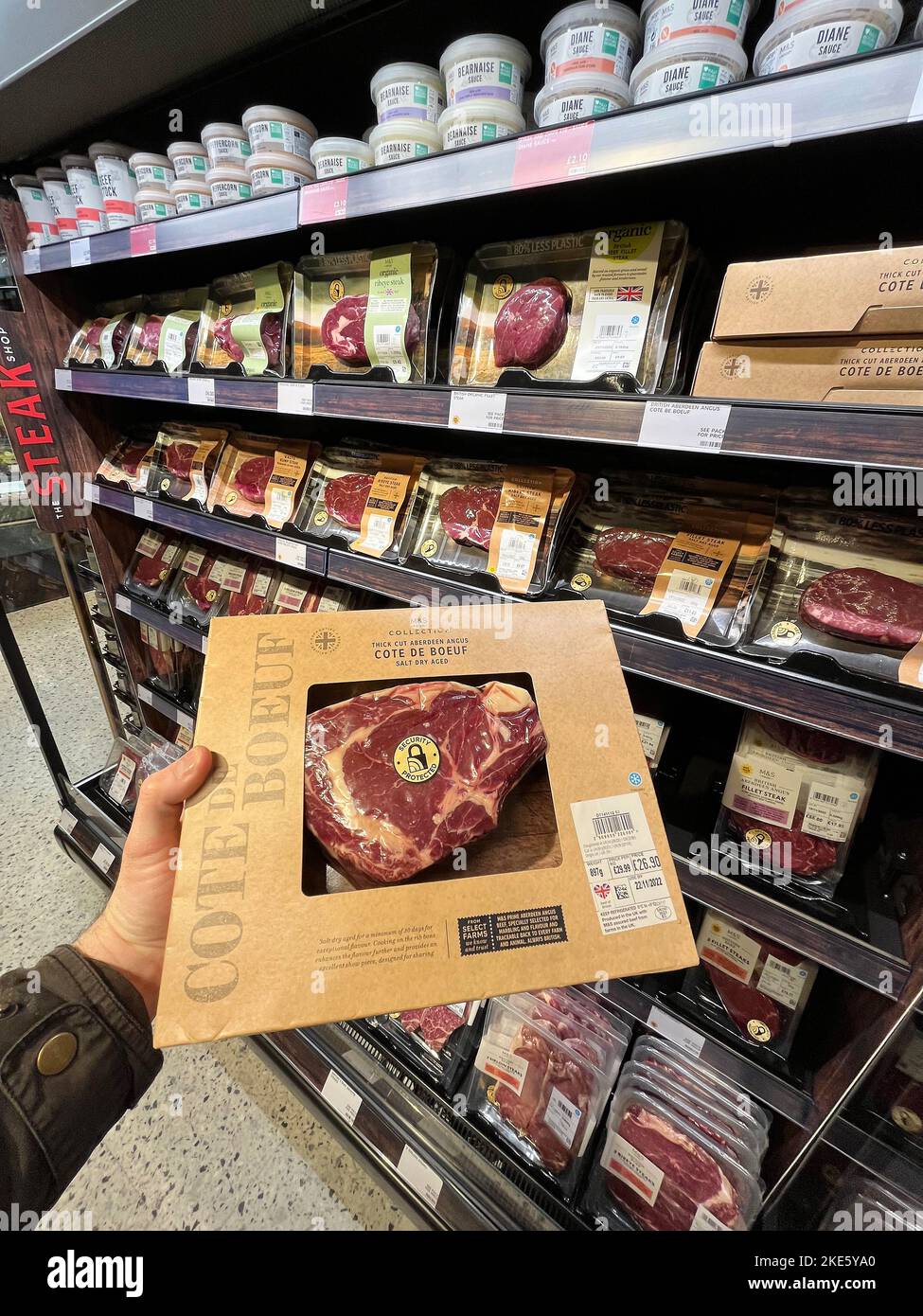 Steak on sale at M and S food hall at Battersea Power Station in London