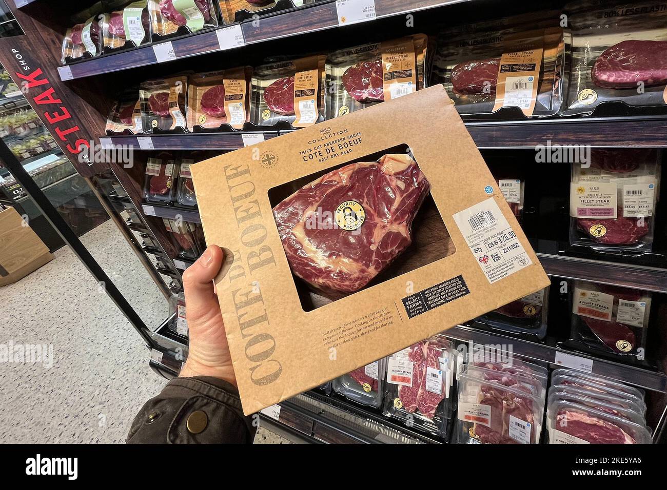 Steak on sale at M and S food hall at Battersea Power Station in London
