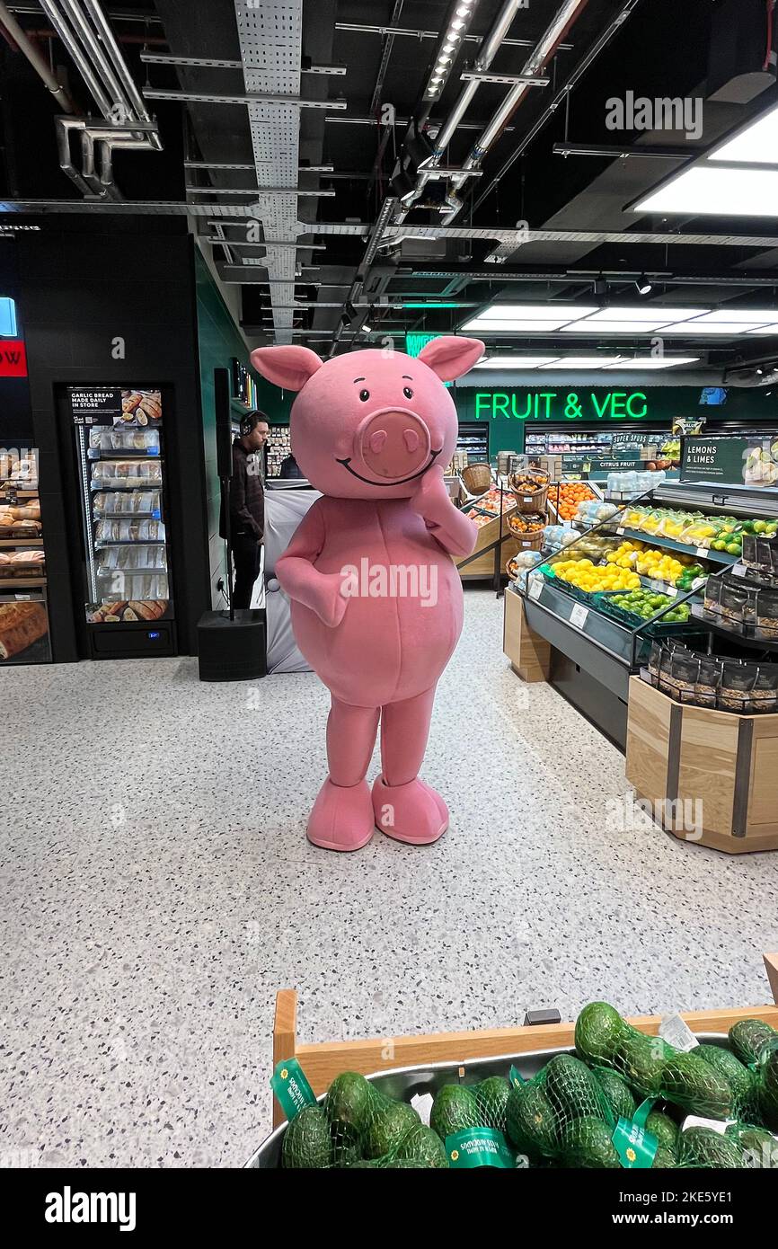 Percy Pig at the opening of a brand new M and S food hall at Battersea Power Station in London. November 2022. Stock Photo