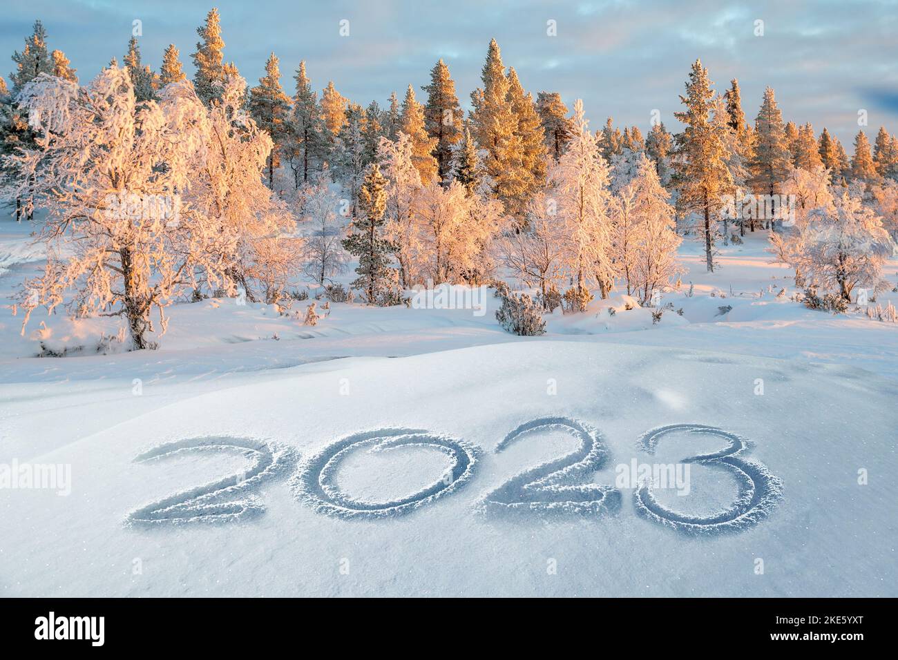 2023 written in the snow, winter landscape greeting card Stock Photo