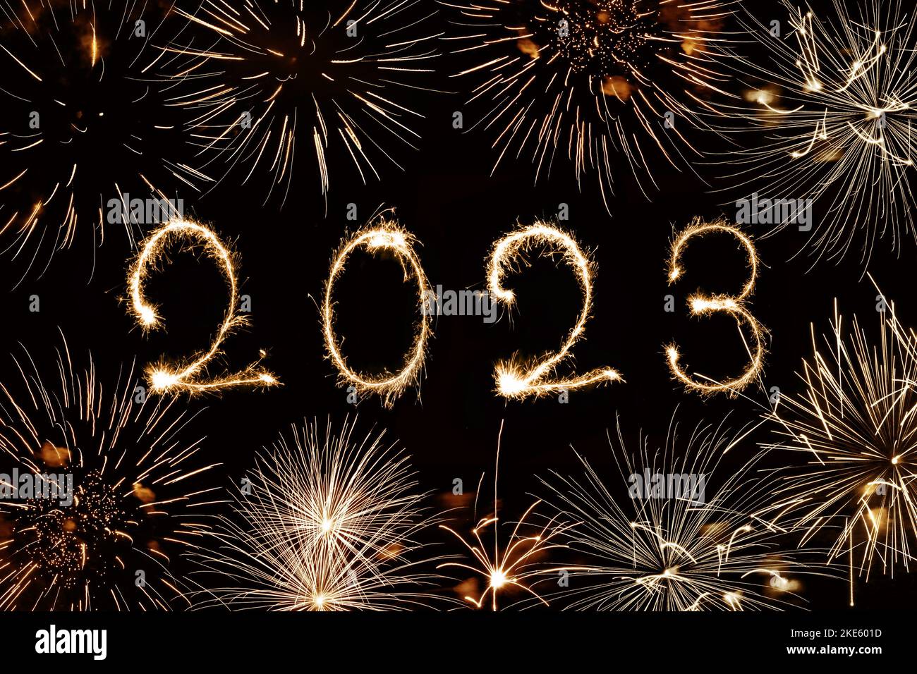 2023 written with sparkles and fireworks, new year greeting card Stock Photo